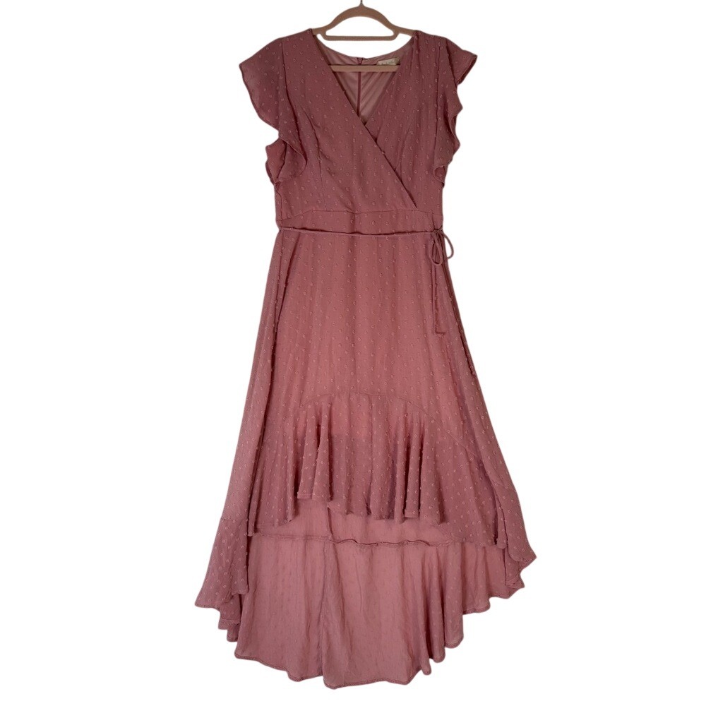 Altar'd State Pink Ruffle Sleeve Tiered Swiss Dot‎ Hi Low Dress L